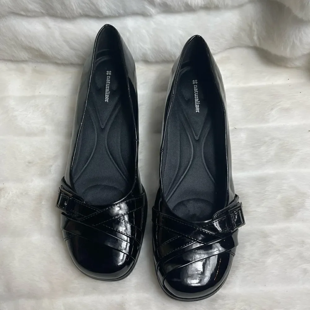 Naturalizer black patent faux leather slip on wedge shoes size 11 gently used.